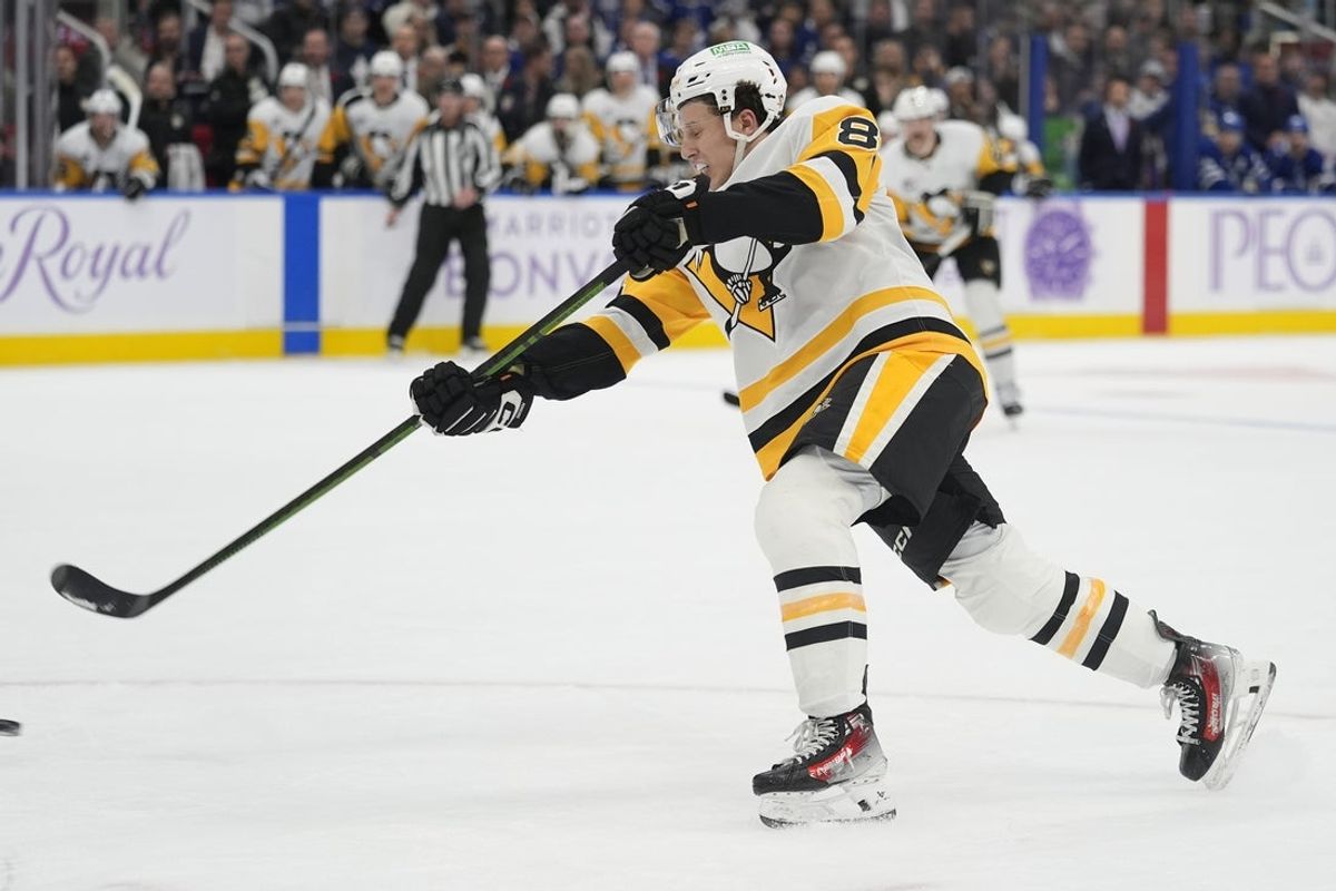Nov 3, 2025; Toronto, Ontario, CAN; Pittsburgh Penguins forward Benjamin Kindel (81) scores his second goal against the Toronto Maple Leafs during the second period at Scotiabank Arena. Mandatory Credit: John E. Sokolowski-Imagn Images