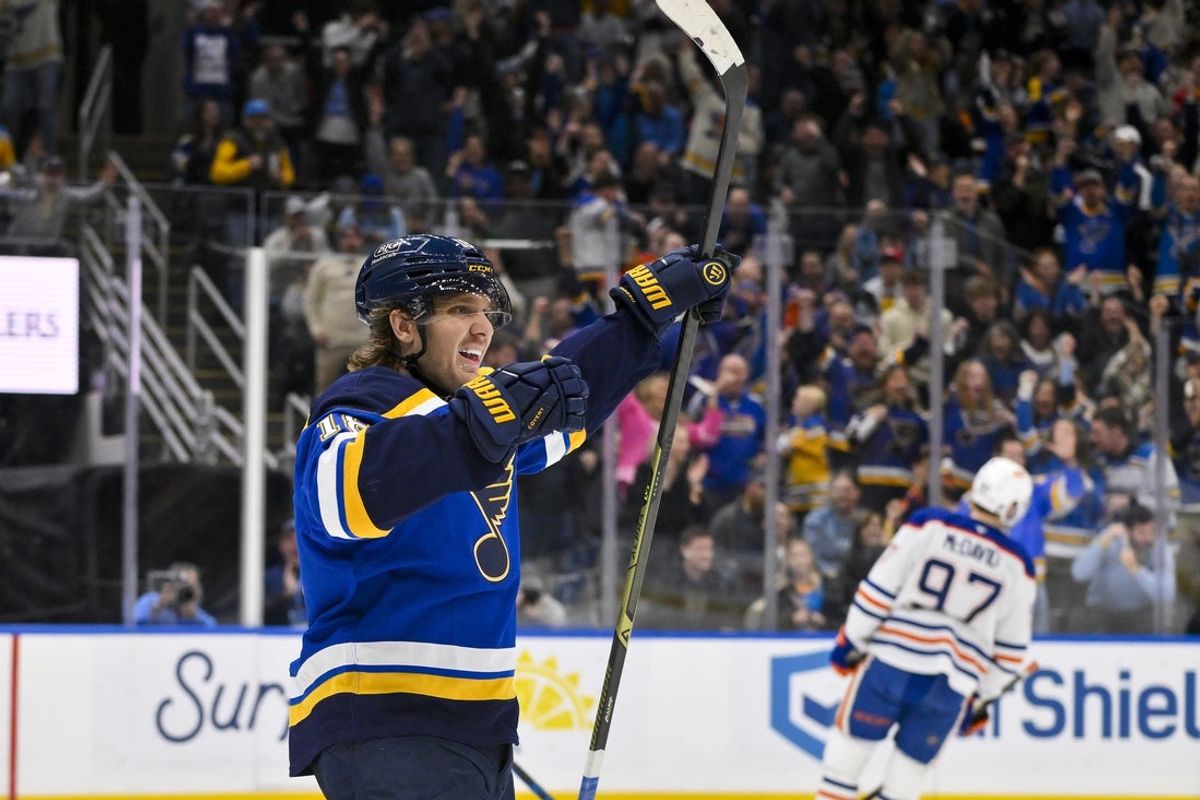 Nov 3, 2025; St. Louis, Missouri, USA; St. Louis Blues center Robert Thomas (18) reacts after scoring the game tying goal against the Edmonton Oilers during the second period at Enterprise Center. Mandatory Credit: Jeff Curry-Imagn Images