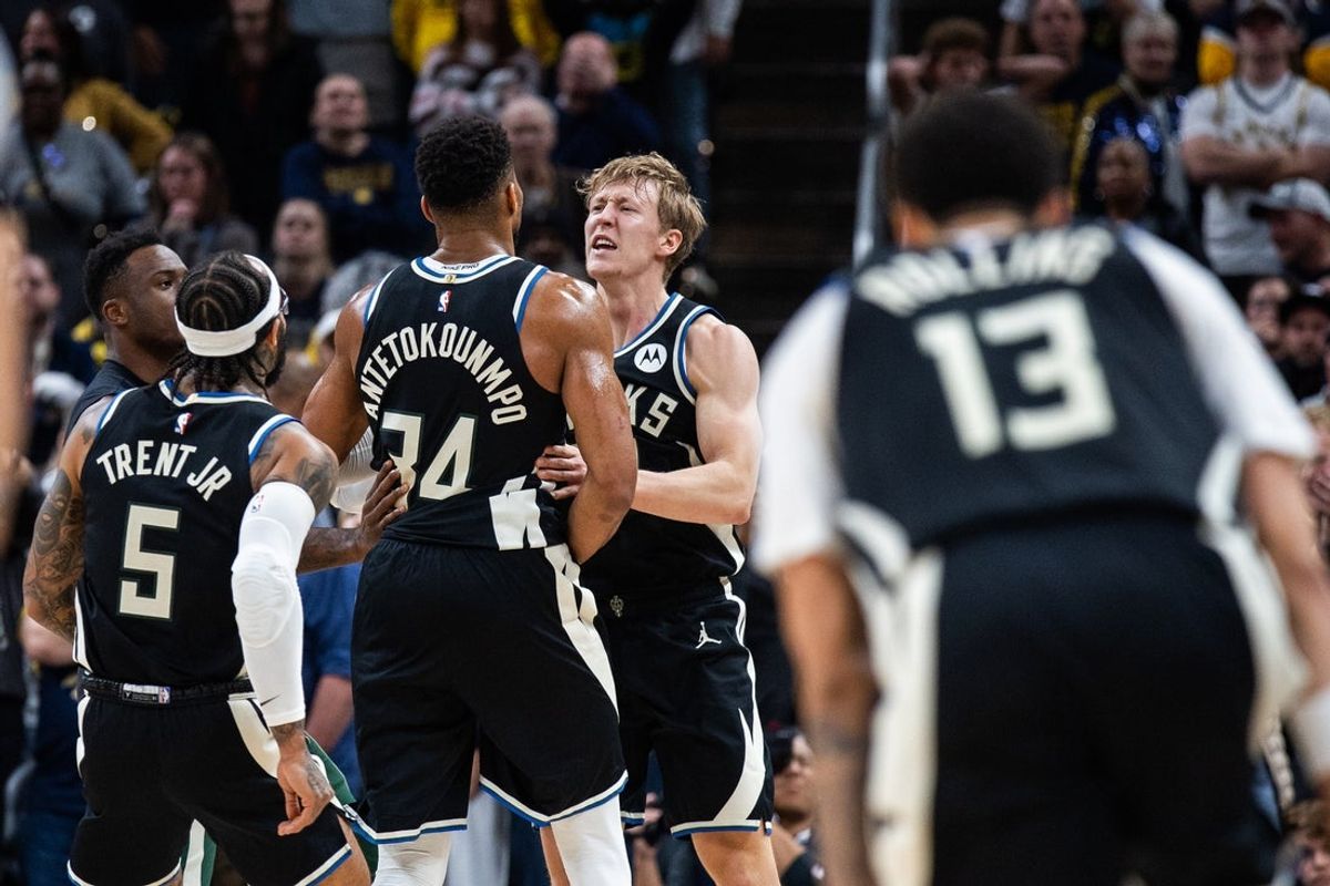 Nov 3, 2025; Indianapolis, Indiana, USA; Milwaukee Bucks forward Giannis Antetokounmpo (34) celebrates the game winning shot against the Indiana Pacers with teammates in the second half at Gainbridge Fieldhouse. Mandatory Credit: Trevor Ruszkowski-Imagn Images