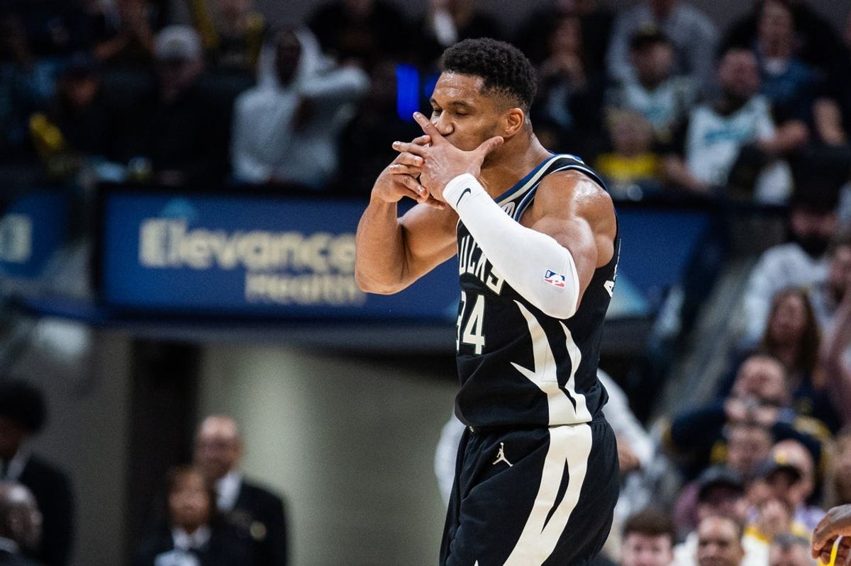 Nov 3, 2025; Indianapolis, Indiana, USA; Milwaukee Bucks forward Giannis Antetokounmpo (34) celebrates a basket in the second half against the Indiana Pacers at Gainbridge Fieldhouse. Mandatory Credit: Trevor Ruszkowski-Imagn Images