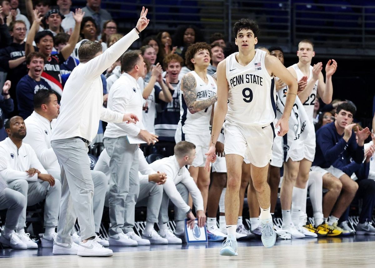 Nov 3, 2025; University Park, Pennsylvania, USA; Penn State Nittany Lions guard Melih Tunca (9) gestures after making a three-point basket during the second half against the Fairfield Stags at Bryce Jordan Center. Mandatory Credit: Matthew O'Haren-Imagn Images