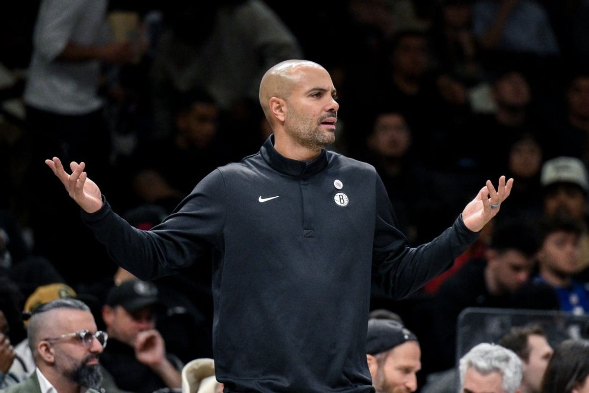 Nov 3, 2025; Brooklyn, New York, USA; Brooklyn Nets head coach Jordi Fernandez reacts during the second half against the Minnesota Timberwolves at Barclays Center. Mandatory Credit: John Jones-Imagn Images
