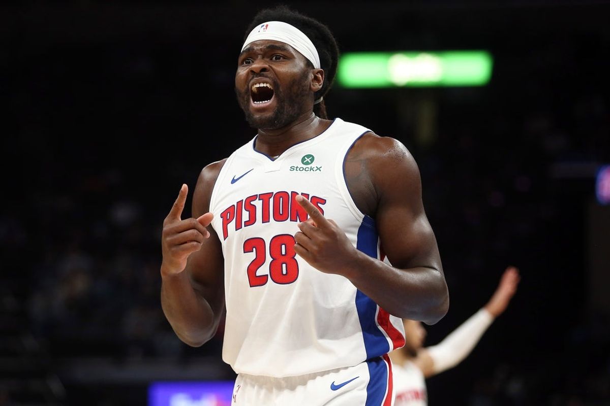 Nov 3, 2025; Memphis, Tennessee, USA; Detroit Pistons forward Isaiah Stewart (28) reacts during the second quarter against the Memphis Grizzlies at FedExForum. Mandatory Credit: Petre Thomas-Imagn Images