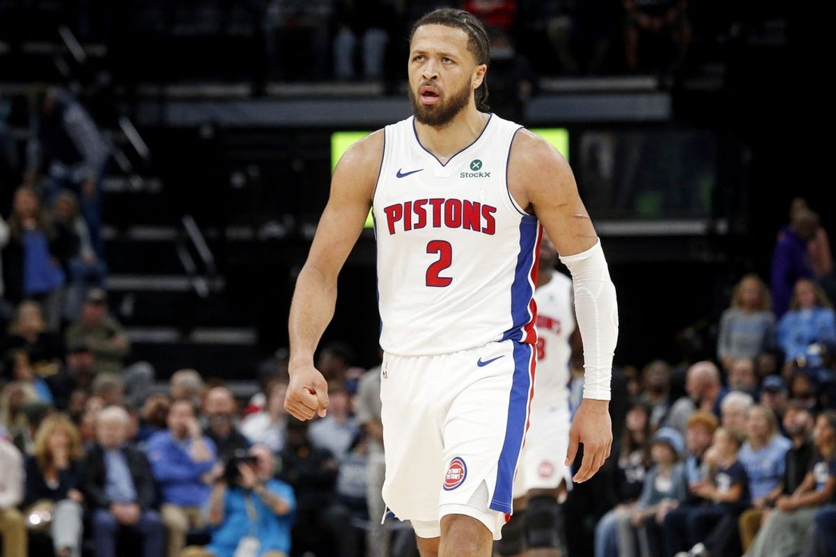 Nov 3, 2025; Memphis, Tennessee, USA; Detroit Pistons guard Cade Cunningham (2) reacts during the fourth quarter against the Memphis Grizzlies at FedExForum. Mandatory Credit: Petre Thomas-Imagn Images