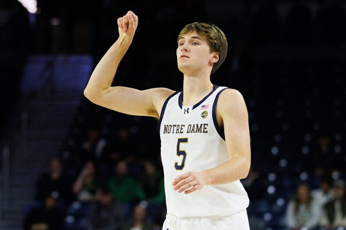 Notre Dame guard Cole Certa (5) watches his three point shot go into the basket during a NCAA basketball game against LIU Brooklyn at Purcell Pavilion on Monday, Nov. 3, 2025, in South Bend.