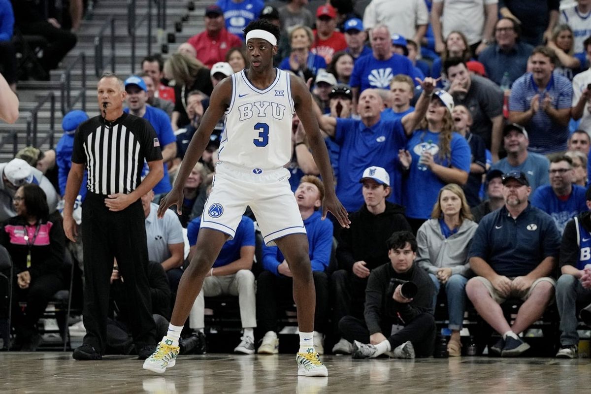 Nov 3, 2025; Las Vegas, Nevada, USA; BYU Cougars forward AJ Dybantsa (3) plays defense Villanova Wildcats during the first half of the Hall of Fame Series game at T-Mobile Arena. Mandatory Credit: Candice Ward-Imagn Images