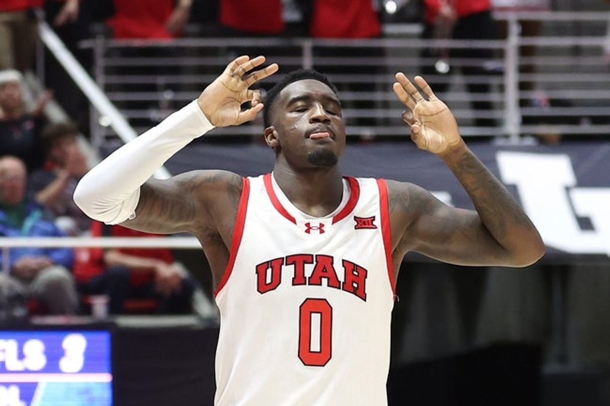 Nov 3, 2025; Salt Lake City, Utah, USA; Utah Utes forward Seydou Traore (0) reacts after making a three point shot against the San Jose State Spartans during the second half at Jon M. Huntsman Center. Mandatory Credit: Rob Gray-Imagn Images