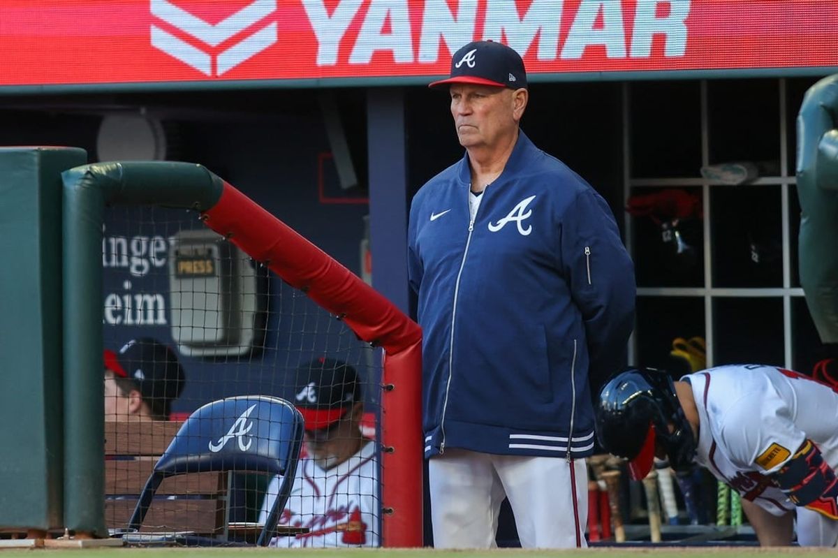 Apr 22, 2024; Atlanta, Georgia, USA; Atlanta Braves manager Brian Snitker (43) in the dugout against the Miami Marlins in the first inning at Truist Park.