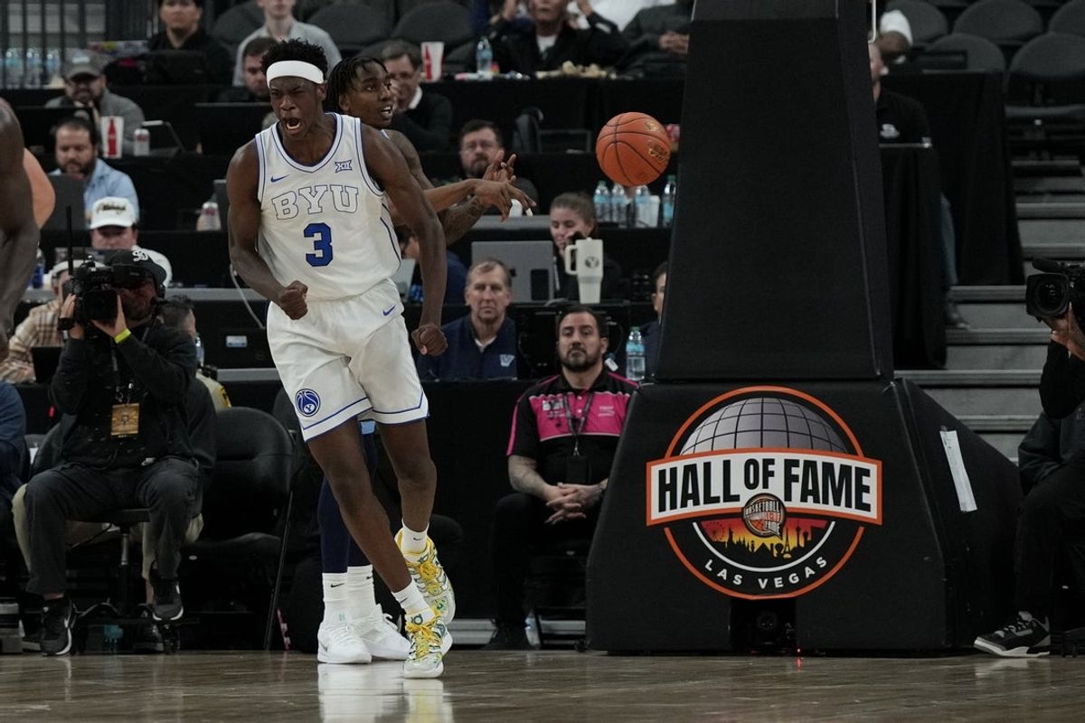 Nov 3, 2025; Las Vegas, Nevada, USA; BYU Cougars forward AJ Dybantsa (3) reacts after scoring against the Villanova Wildcats during the second half of the Hall of Fame Series game at T-Mobile Arena. Mandatory Credit: Candice Ward-Imagn Images
