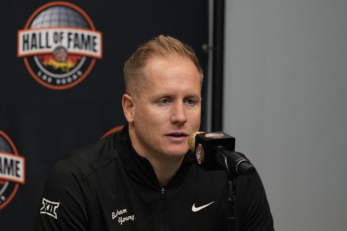 Nov 3, 2025; Las Vegas, Nevada, USA; BYU Cougars head coach Kevin Young speaks during a press conference after the Hall of Fame Series game against the Villanova Wildcats at T-Mobile Arena. Mandatory Credit: Candice Ward-Imagn Images