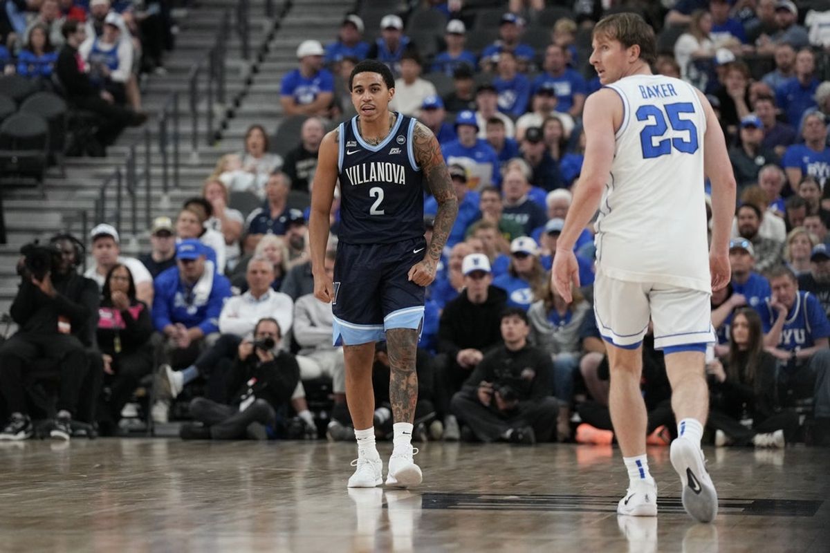 Nov 3, 2025; Las Vegas, Nevada, USA; Villanova Wildcats guard Bryce Lindsay (2) reacts to scoring against the BYU Cougars during the second half of the Hall of Fame Series game at T-Mobile Arena. Mandatory Credit: Candice Ward-Imagn Images