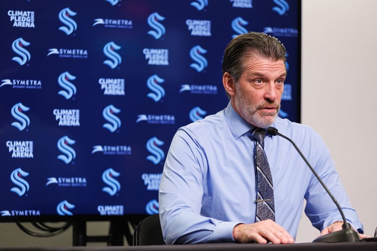 Nov 3, 2025; Seattle, Washington, USA; Seattle Kraken head coach Lane Lambert takes questions after the game against the Chicago Blackhawks at Climate Pledge Arena. Mandatory Credit: Kevin Ng-Imagn Images