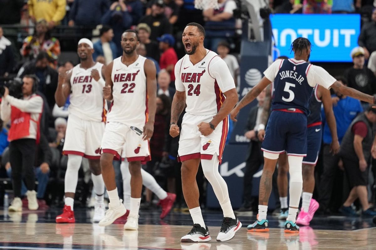 Nov 3, 2025; Inglewood, California, USA; Miami Heat guard Norman Powell (24) celebrates at the end of the game against the LA Clippers at Intuit Dome. Mandatory Credit: Kirby Lee-Imagn Images