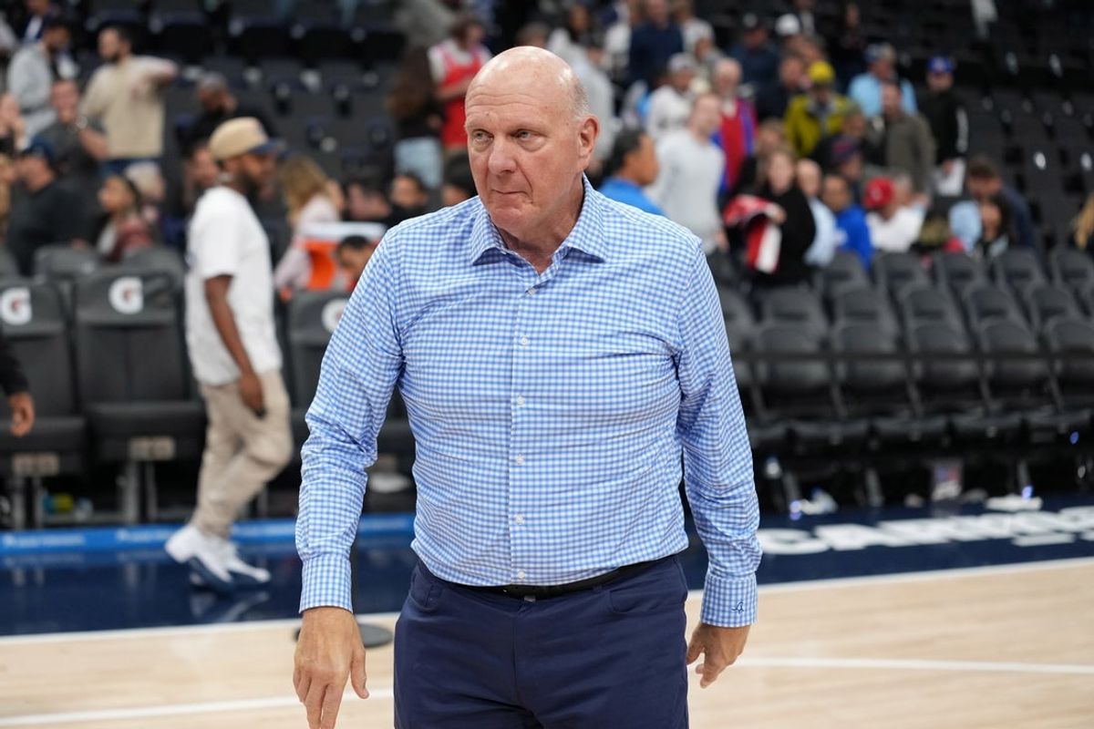 Nov 3, 2025; Inglewood, California, USA; LA Clippers owner Steve Ballmer reacts at the end of the game against the Miami Heat at Intuit Dome. Mandatory Credit: Kirby Lee-Imagn Images