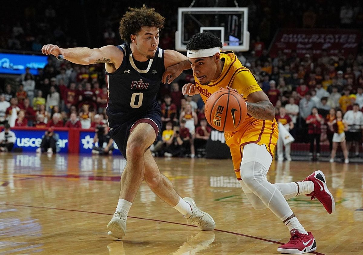 Iowa State Cyclones guard Tamin Lipsey (3) drives with the ball around FDU Knights guard Joey Niesman (0) during the first half of the season-opener on Nov. 3, 2025, at Hilton Coliseum in Ames.