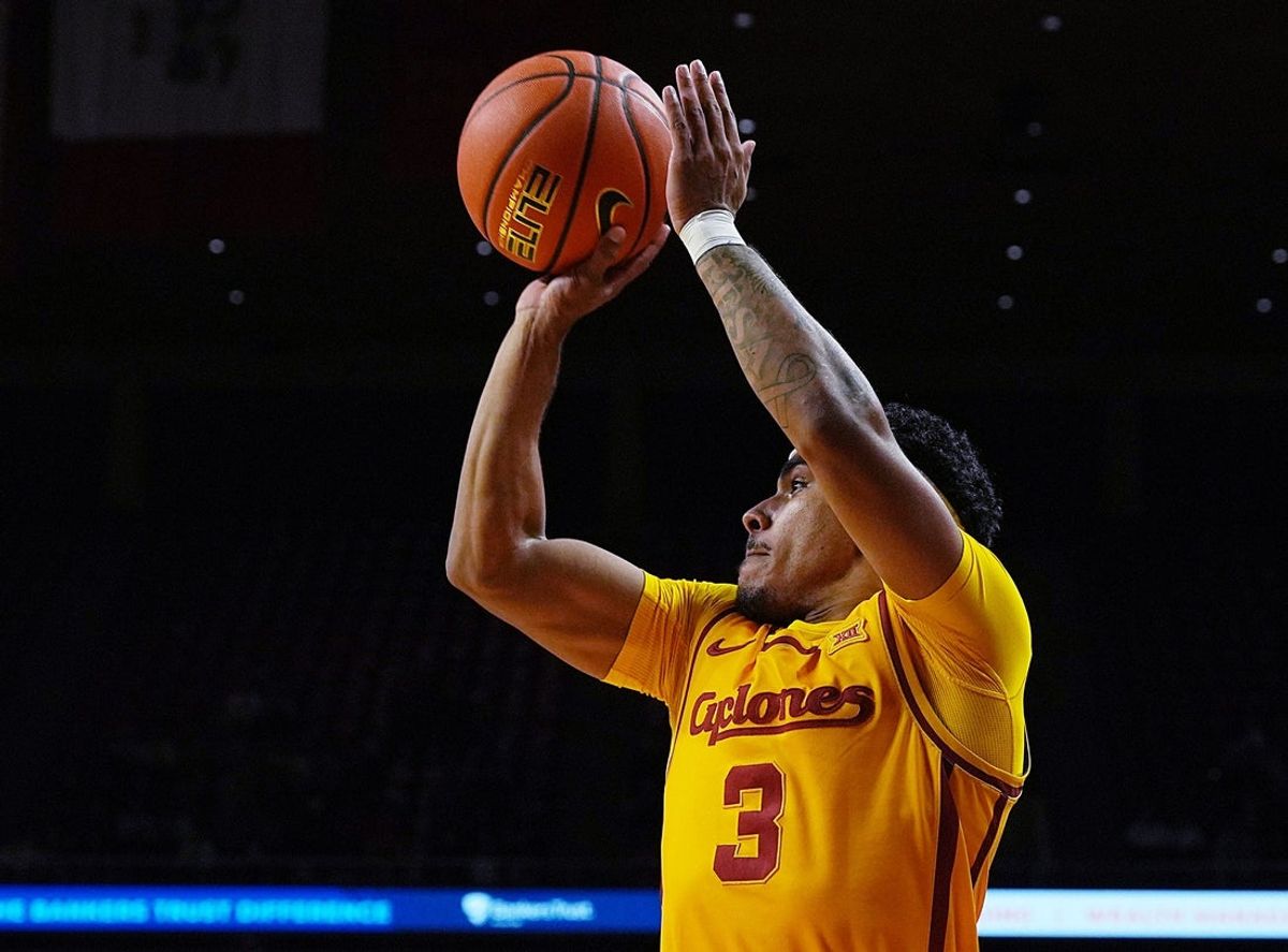 Iowa State Cyclones guard Tamin Lipsey (3) takes a three-point shot against FDU during the first half of the season-opener on Nov. 3, 2025, at Hilton Coliseum in Ames.