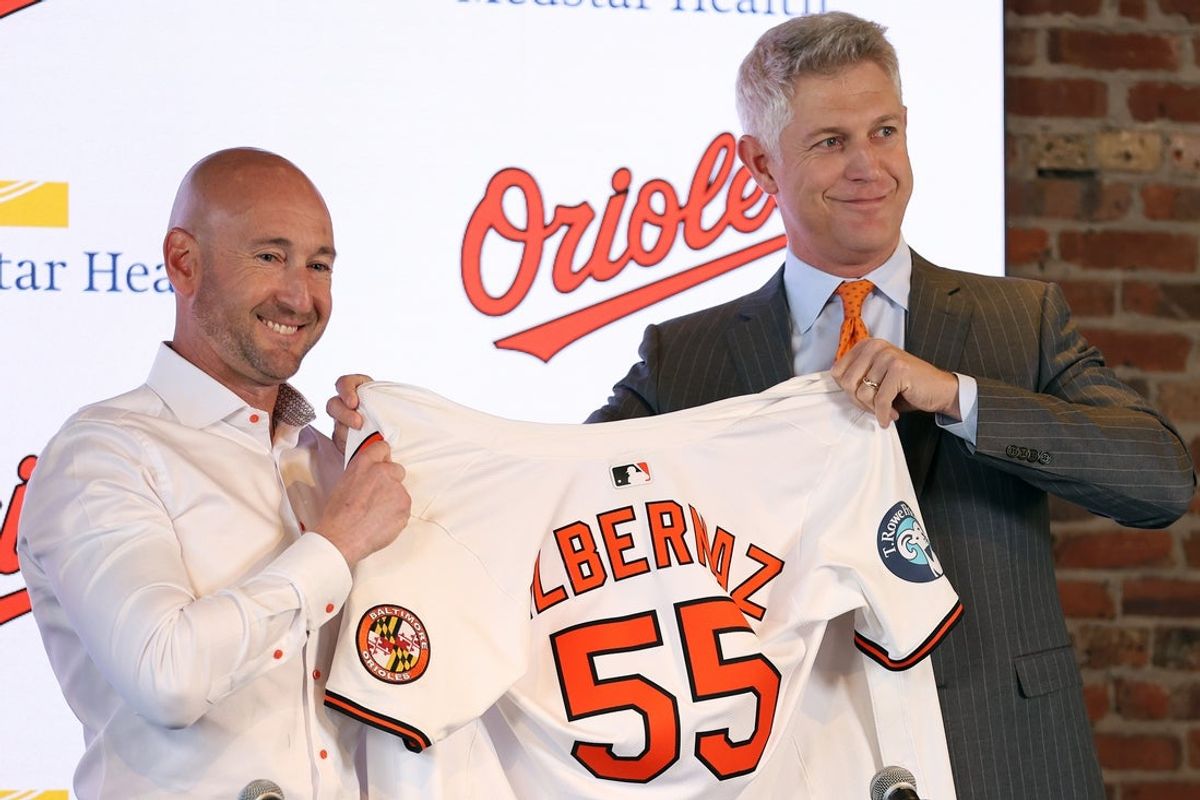 Nov 4, 2025; Baltimore, MD, USA; Right: Baltimore Orioles President of Baseball Operations Mike Elias introduces Left: Craig Albernaz as the new Baltimore Orioles manager at Warehouse Bar. Mandatory Credit: Daniel Kucin Jr.-Imagn Images