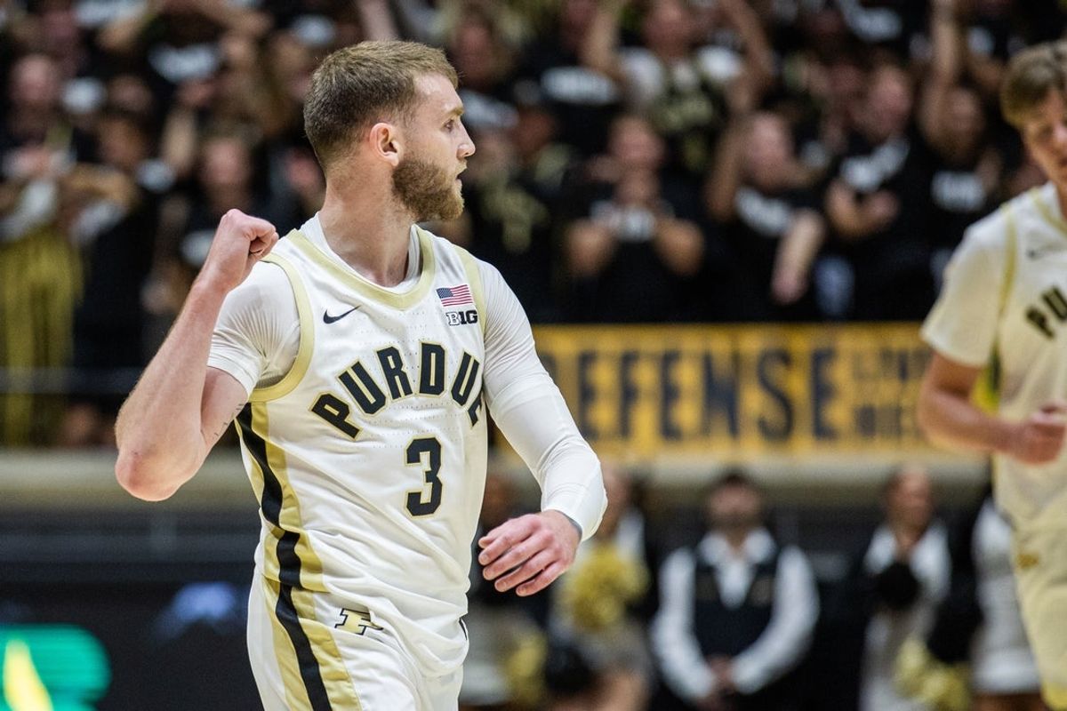 Nov 4, 2025; West Lafayette, Indiana, USA; Purdue Boilermakers guard Braden Smith (3) celebrates a made basket in the first half against the Evansville Purple Aces  at Mackey Arena. Mandatory Credit: Trevor Ruszkowski-Imagn Images