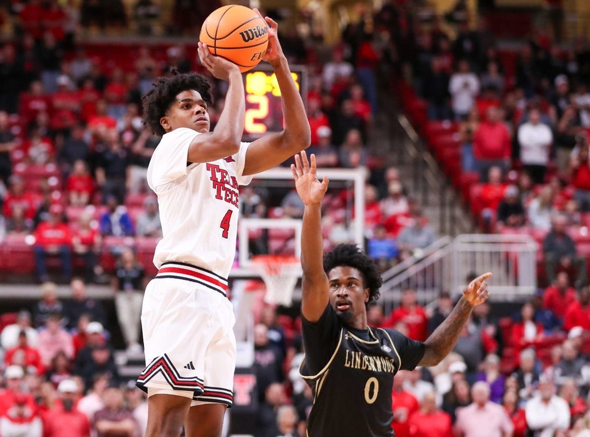 Texas Tech's Christian Anderson attempts a shot against Lindenwood in a non-conference men's basketball game, Tuesday, Nov. 4, 2025, at United Supermarkets Arena.