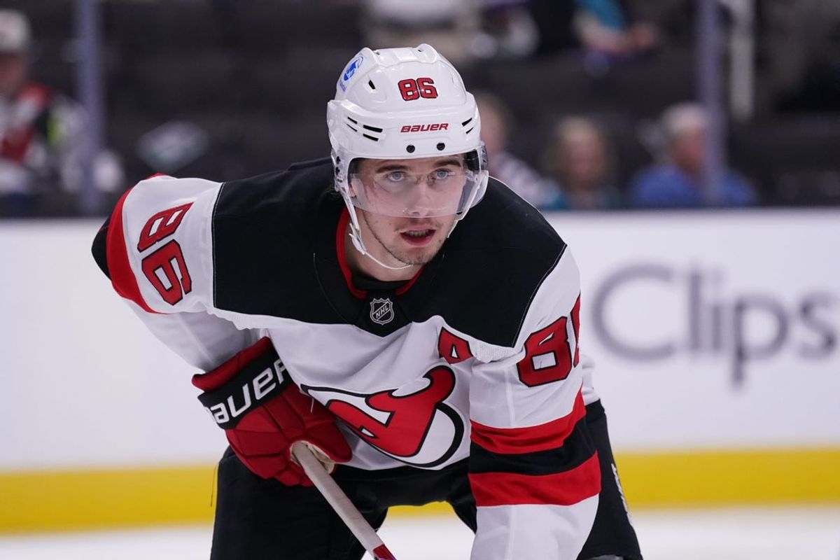 Oct 30, 2025; San Jose, California, USA; New Jersey Devils center Jack Hughes (86) waits for play to resume in the second period against the San Jose Sharks at SAP Center at San Jose. Mandatory Credit: David Gonzales-Imagn Images