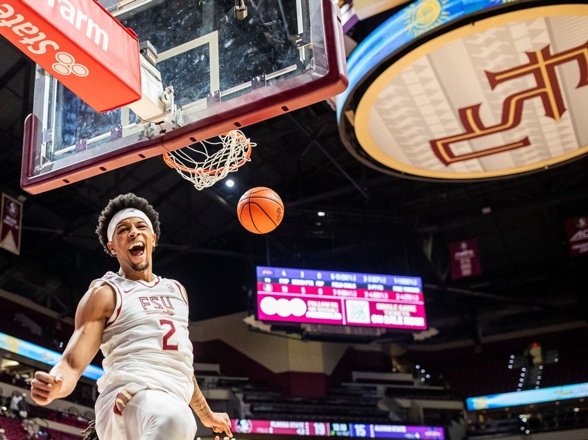 Florida State Seminoles guard Cam Miles (2) celebrates a dunk, The Florida State Seminoles defeated the Alcorn State Braves 108-76 on Tuesday, Nov. 4, 2025.