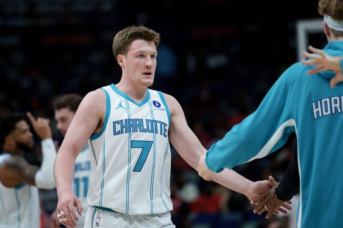 Nov 4, 2025; New Orleans, Louisiana, USA; Charlotte Hornets guard Kon Knueppel (7) reacts after a three point basket during the first half against the New Orleans Pelicans at Smoothie King Center. Mandatory Credit: Matthew Hinton-Imagn Images