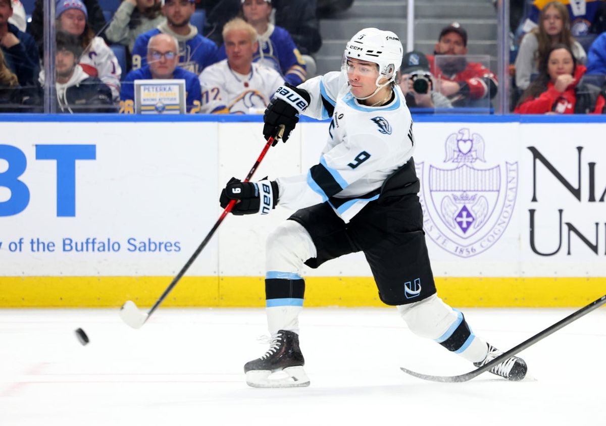 Nov 4, 2025; Buffalo, New York, USA;  Utah Mammoth right wing Clayton Keller (9) takes a shot on goal during the third period against the Buffalo Sabres at KeyBank Center. Mandatory Credit: Timothy T. Ludwig-Imagn Images
