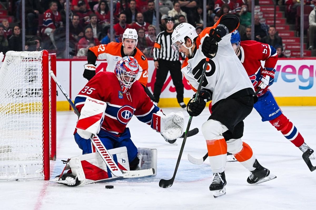 Nov 4, 2025; Montreal, Quebec, CAN; Montreal Canadiens goalie Sam Montembeault (35) makes a save against Philadelphia Flyers right wing Travis Konecny (11) during the third period at Bell Centre. Mandatory Credit: David Kirouac-Imagn Images
