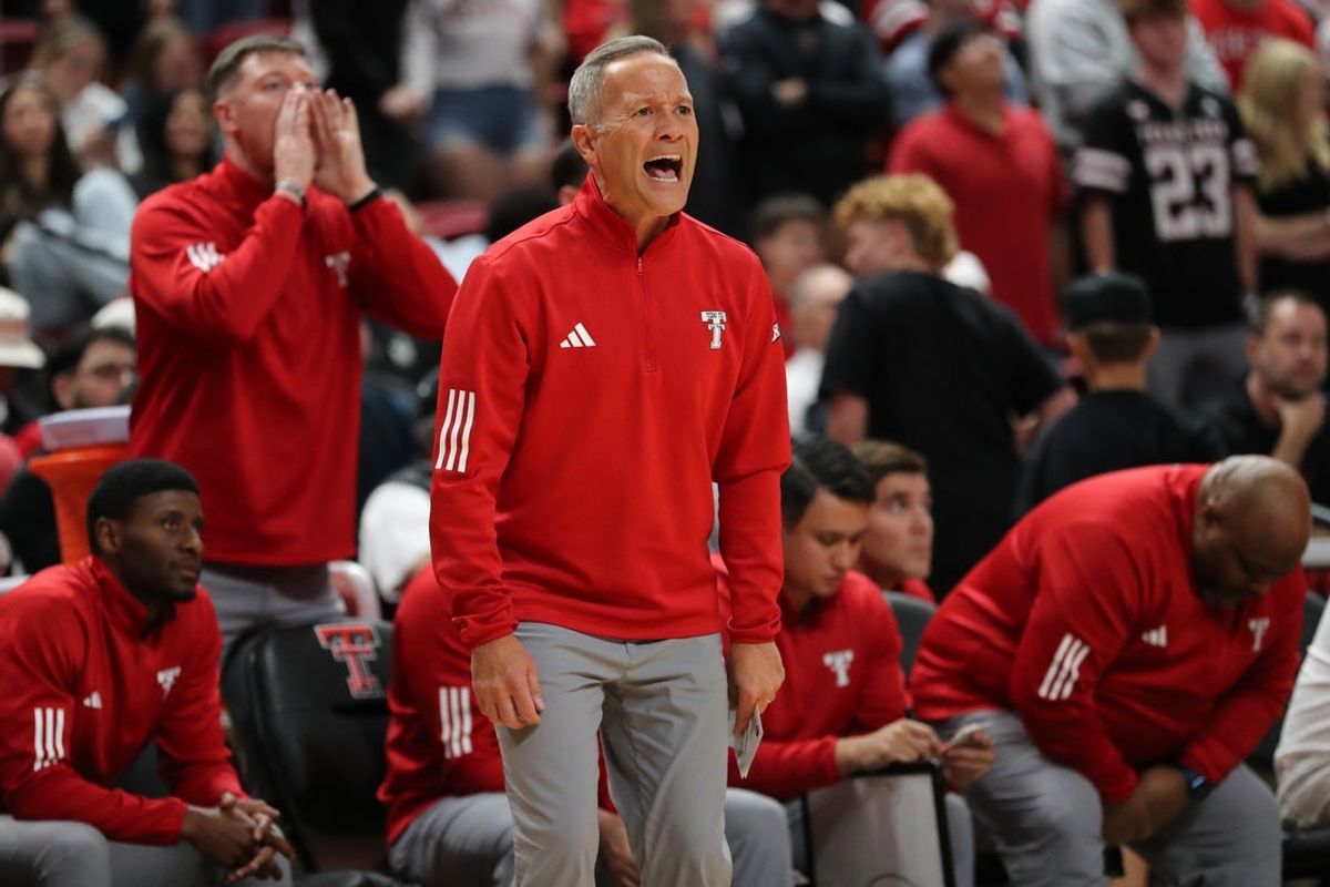 Nov 4, 2025; Lubbock, Texas, USA;  Texas Tech Red Raiders head coach Grant McCasland reacts to a call in the second half during the game against the Lindenwood Lions at United Supermarkets Arena. Mandatory Credit: Michael C. Johnson-Imagn Images