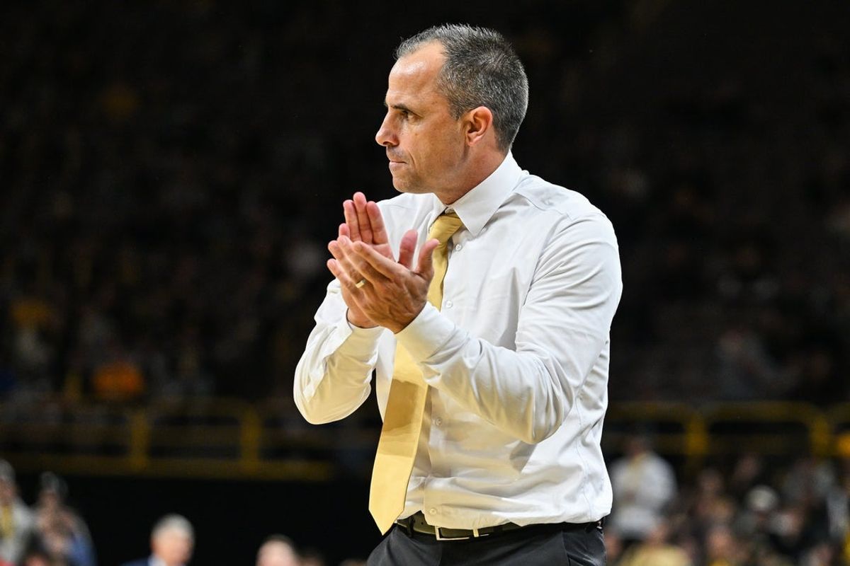 Nov 4, 2025; Iowa City, Iowa, USA; Iowa Hawkeyes head coach Ben McCollum reacts during the second half against the Robert Morris Colonials at Carver-Hawkeye Arena. Mandatory Credit: Jeffrey Becker-Imagn Images