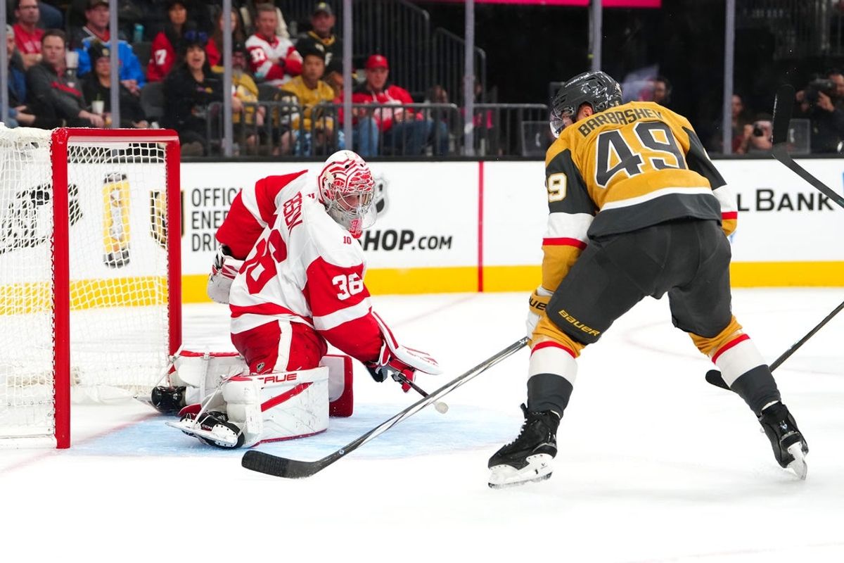 Nov 4, 2025; Las Vegas, Nevada, USA; Vegas Golden Knights left wing Ivan Barbashev (49) scores a goal against Detroit Red Wings goaltender John Gibson (36) during the second period at T-Mobile Arena. Mandatory Credit: Stephen R. Sylvanie-Imagn Images