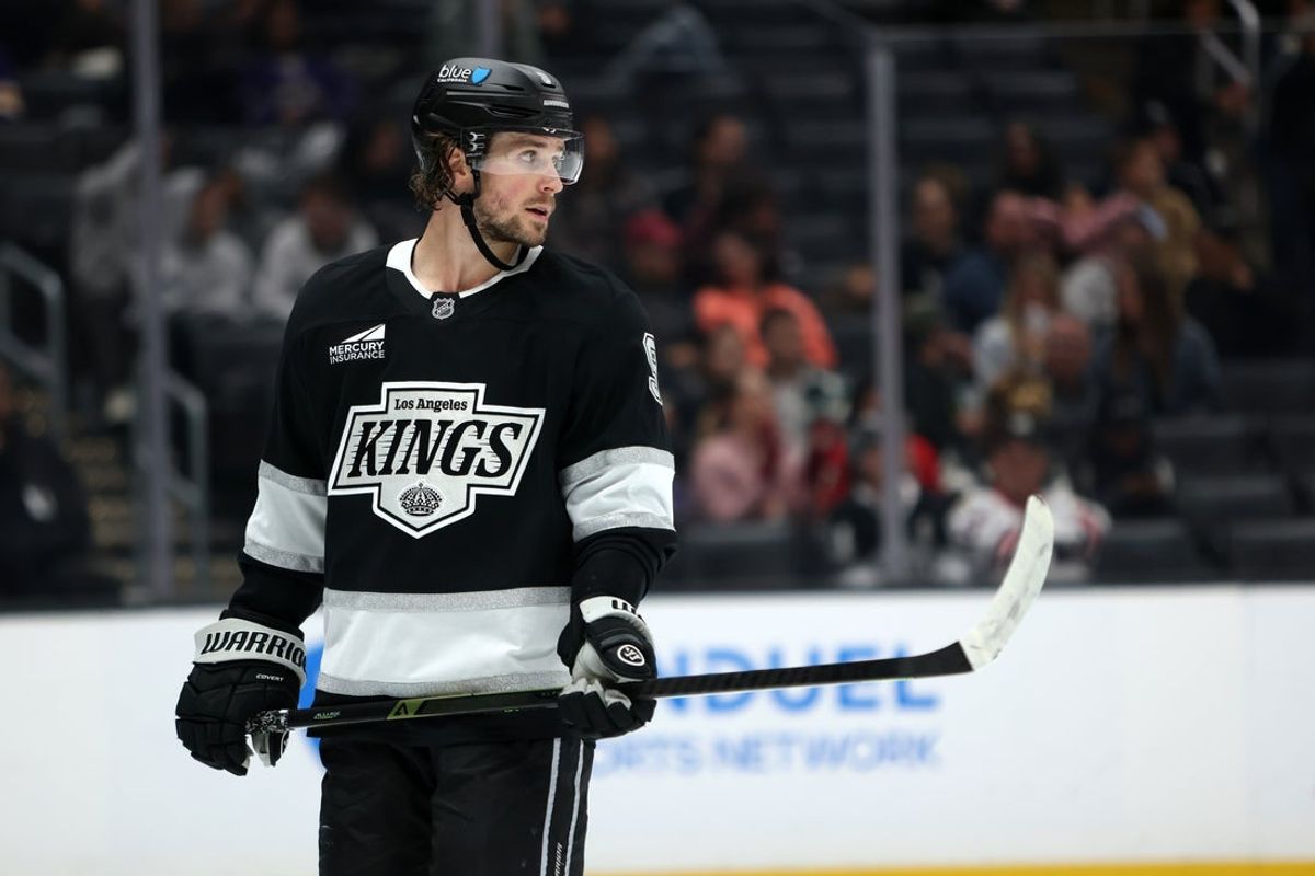 Nov 4, 2025; Los Angeles, California, USA;  Los Angeles Kings right wing Adrian Kempe (9) looks on during the third period against the Winnipeg Jets at Crypto.com Arena. Mandatory Credit: Kiyoshi Mio-Imagn Images