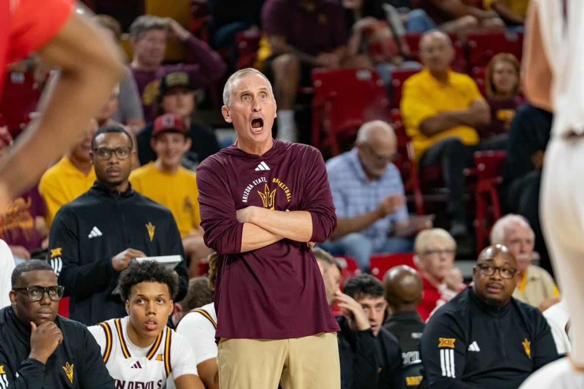 Arizona State Sun Devils Head Coach Bobby Hurley yells from the sideline during a game against the Southern Utah Thunderbirds at Desert Financial Arena in Tempe on Nov. 4, 2025.