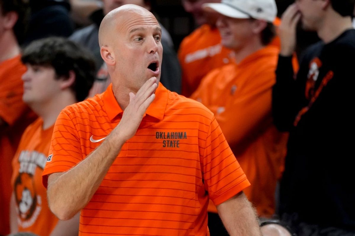 Oklahoma State coach Steve Lutz shouts during an NCAA basketball game between the Oklahoma State University Cowboys (OSU) and Oral Roberts at Gallagher-Iba Arena in Stillwater, Okla., Tuesday, Nov. 4, 2025. Oklahoma State on 95-71.