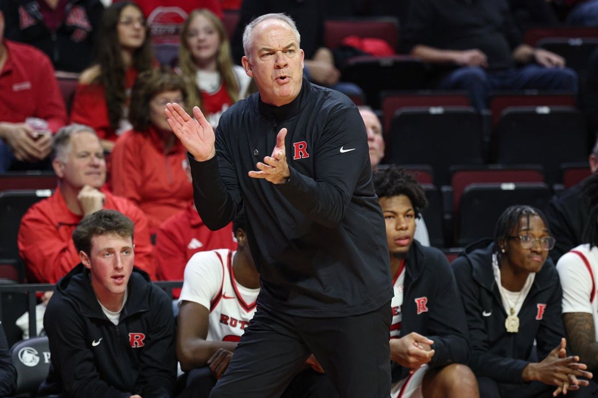 Nov 5, 2025; Piscataway, New Jersey, USA; Rutgers Scarlet Knights head coach Steve Pikiell reacts during the first half against the Rider Broncs at Jersey Mike's Arena. Mandatory Credit: Vincent Carchietta-Imagn Images