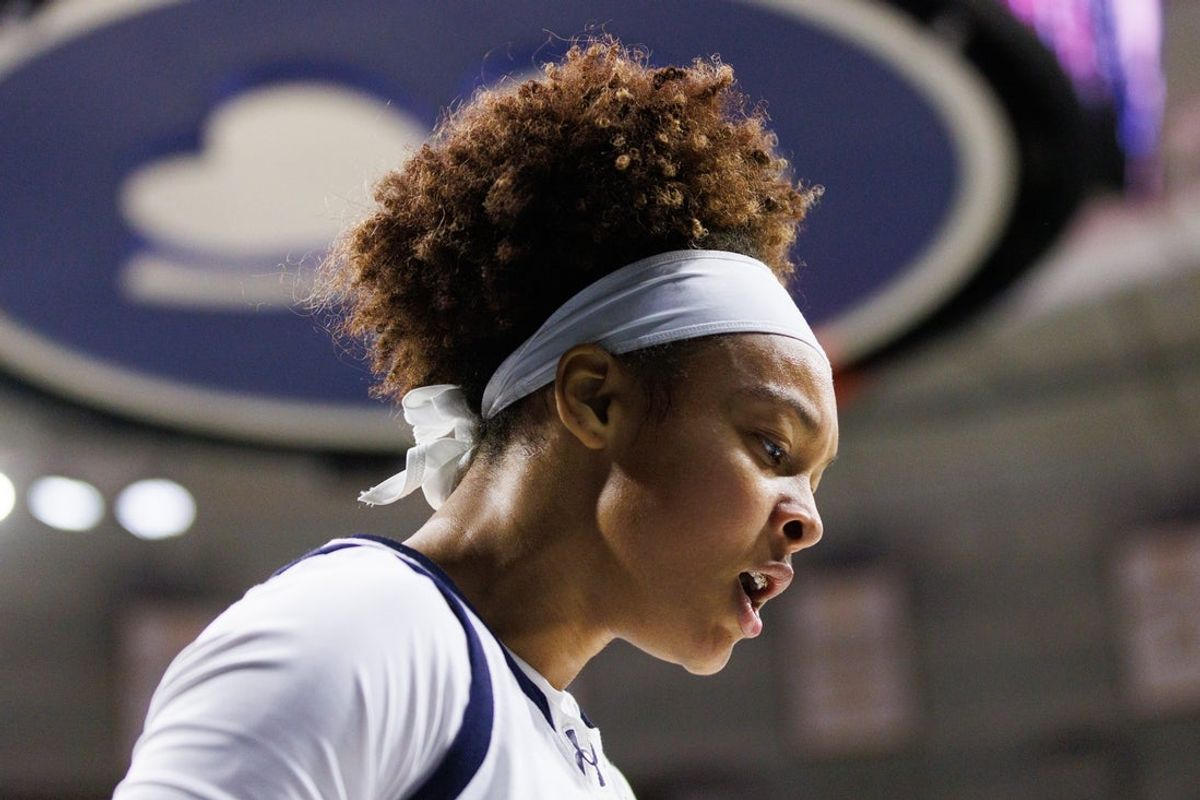 Notre Dame guard Hannah Hidalgo celebrates drawing a foul during a NCAA women's basketball game against Fairleigh Dickinson at Purcell Pavilion on Wednesday, Nov. 5, 2025, in South Bend.