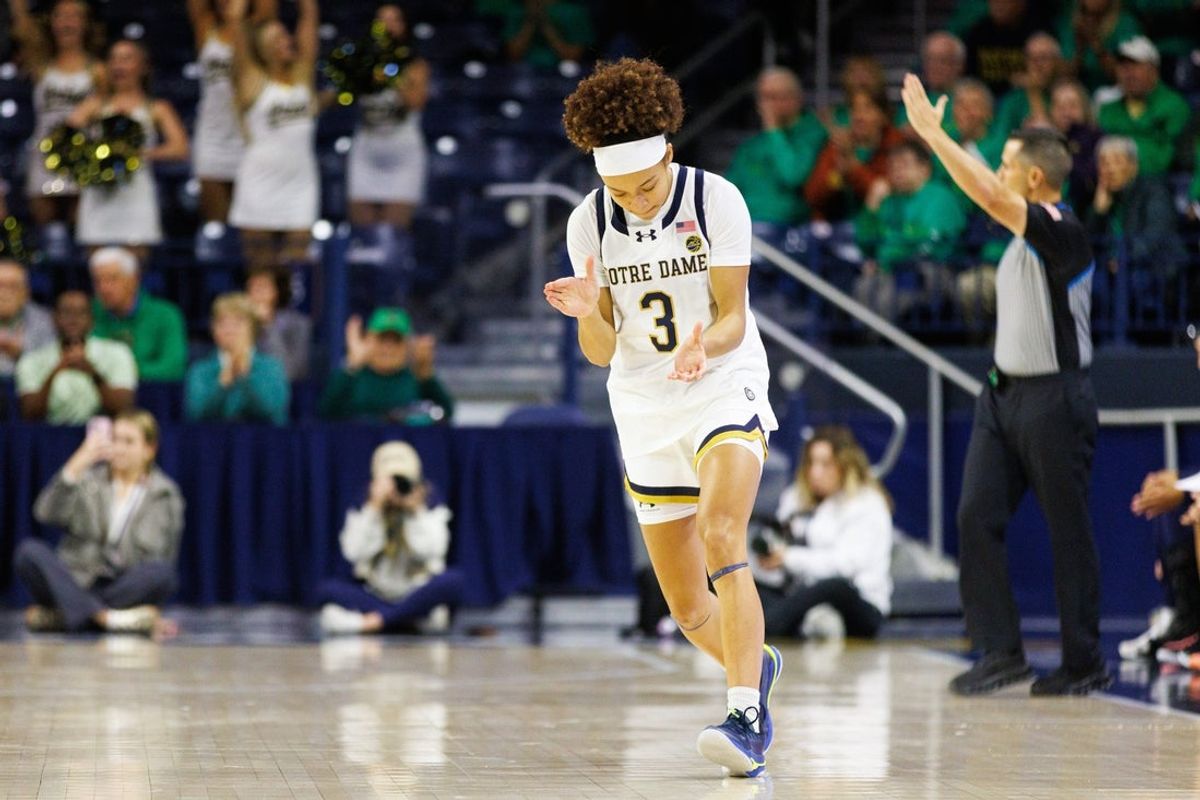 Notre Dame guard Hannah Hidalgo celebrates making a three point basket during a NCAA women's basketball game against Fairleigh Dickinson at Purcell Pavilion on Wednesday, Nov. 5, 2025, in South Bend.