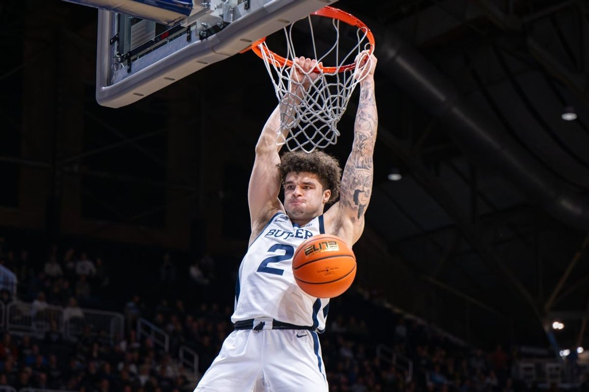 Butler Bulldogs guard Jalen Jackson (2) dunks during the first half of an NCAA basketball game against the Southern Indiana Screaming Eagles, Wednesday, Nov. 5, 2025, at Hinkle Fieldhouse.