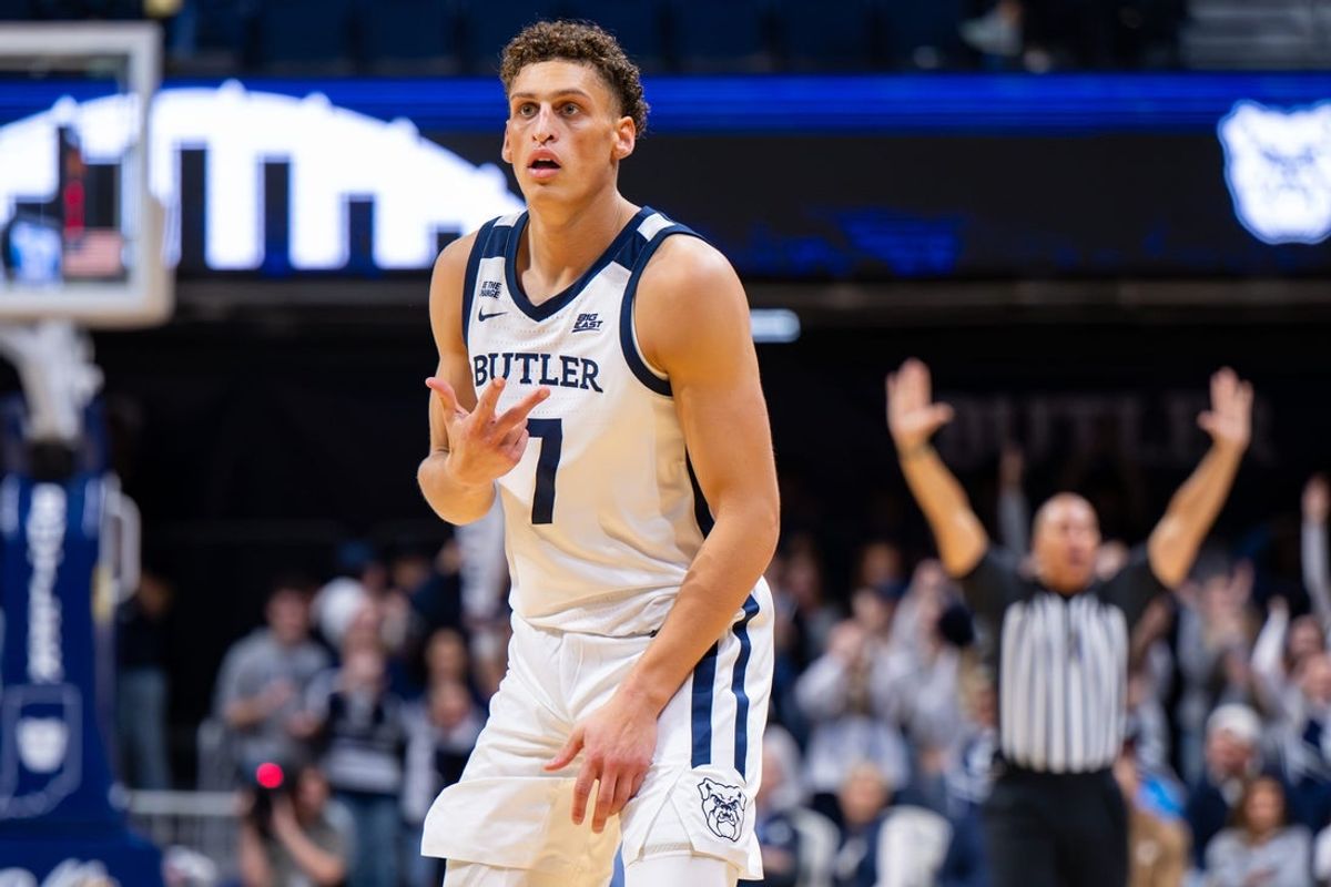Butler Bulldogs guard Jr. Jamie Kaiser (7) reacts after scoring with a 3-point basket during the first half of an NCAA basketball game against the Southern Indiana Screaming Eagles, Wednesday, Nov. 5, 2025, at Hinkle Fieldhouse.