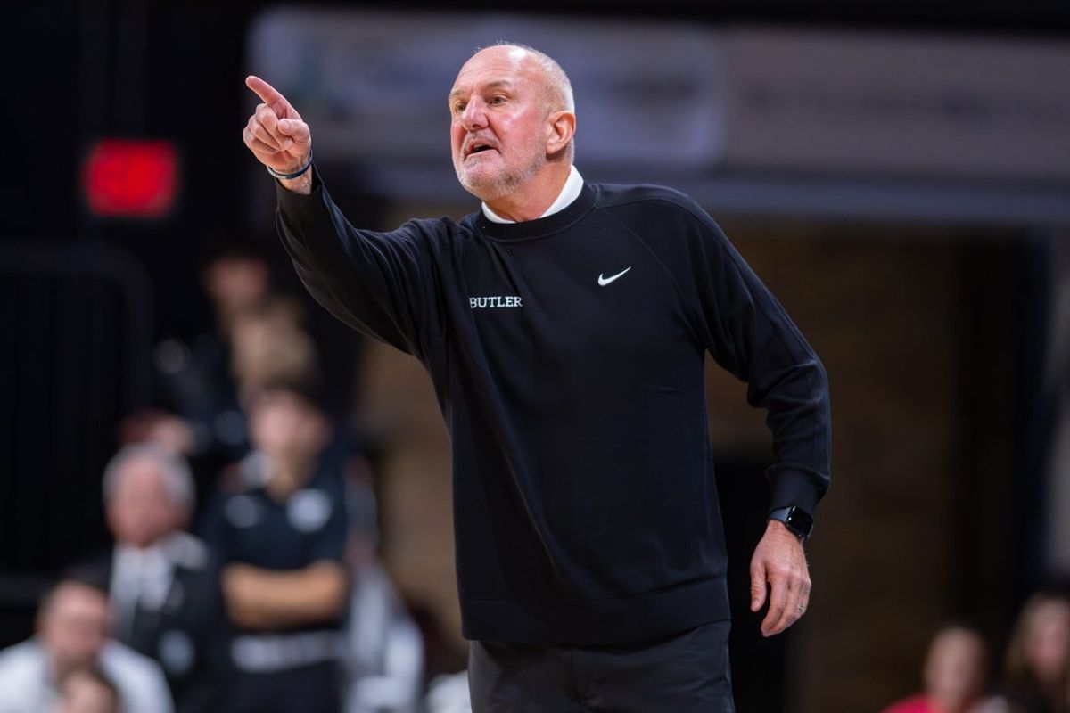 Butler Bulldogs head coach Thad Matta gestures during the first half of an NCAA basketball game against the Southern Indiana Screaming Eagles, Wednesday, Nov. 5, 2025, at Hinkle Fieldhouse.