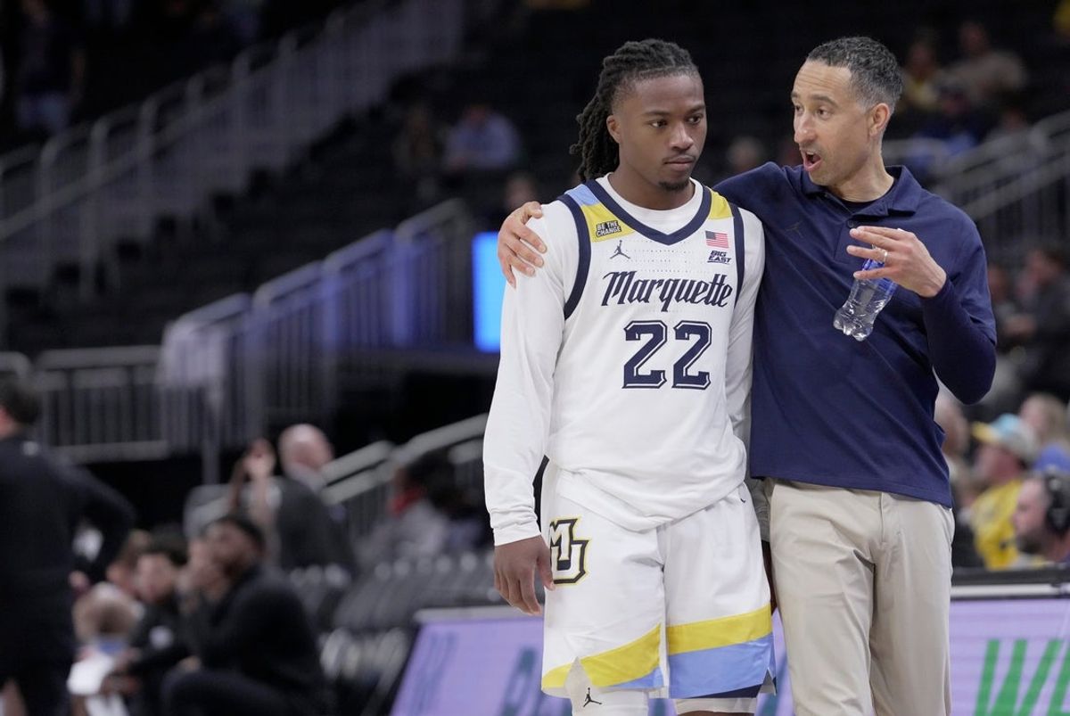 Marquette guard Sean Jones (22) listens to head coach Shaka Smart during the second half of their game Wednesday, November 5, 2025 at Fiserv Forum in Milwaukee, Wisconsin. Marquette beat Southern 100-82.