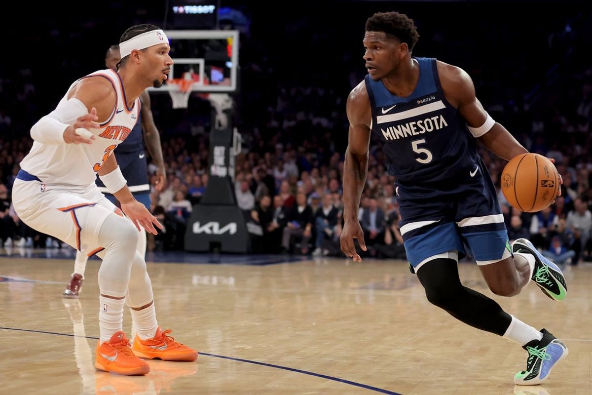 Nov 5, 2025; New York, New York, USA; Minnesota Timberwolves guard Anthony Edwards (5) drives to the basket against New York Knicks guard Josh Hart (3) during the first quarter at Madison Square Garden. Mandatory Credit: Brad Penner-Imagn Images