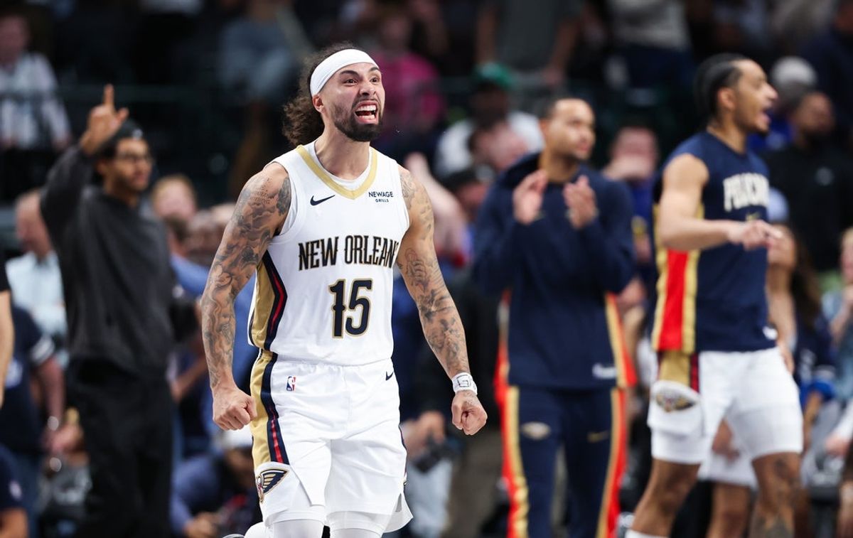 Nov 5, 2025; Dallas, Texas, USA;  New Orleans Pelicans guard Jose Alvarado (15) reacts after the game against the Dallas Mavericks at American Airlines Center. Mandatory Credit: Kevin Jairaj-Imagn Images