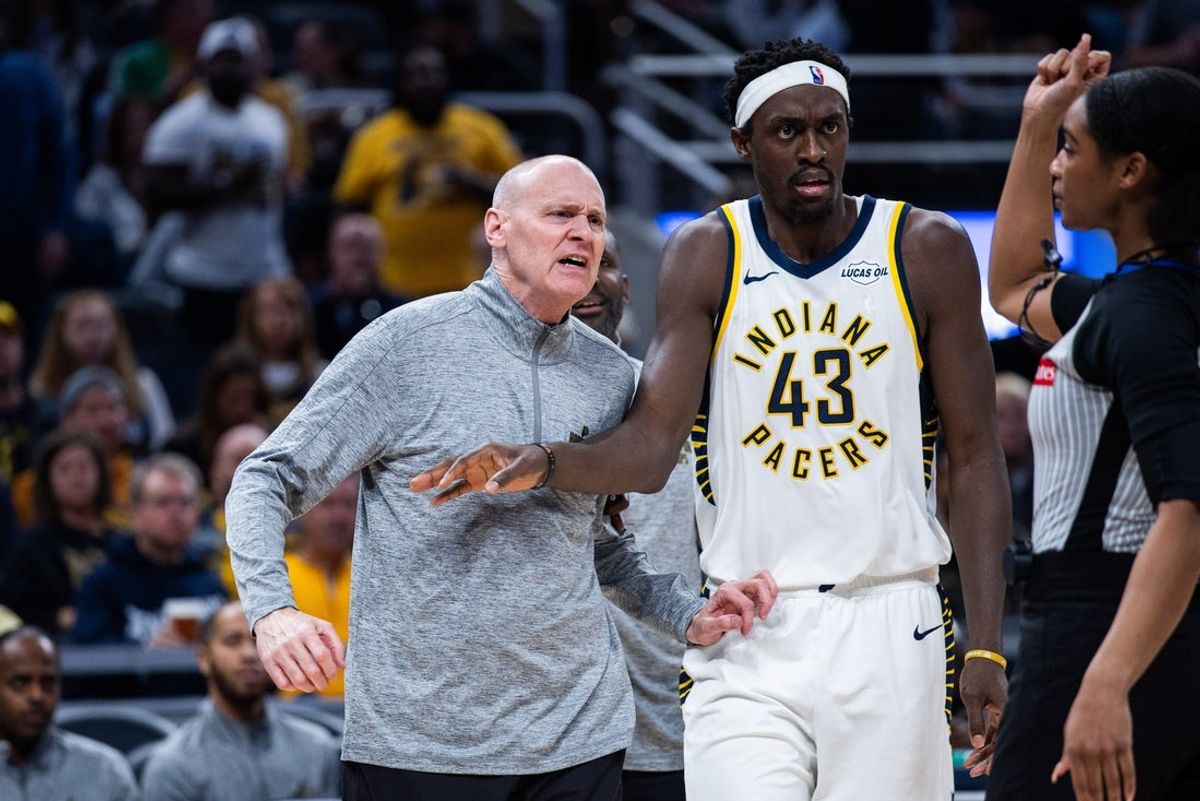 Nov 5, 2025; Indianapolis, Indiana, USA; Indiana Pacers Head Coach Rick Carlisle gets a double technical and is removed from the game  in the second half  against the Brooklyn Nets at Gainbridge Fieldhouse. Mandatory Credit: Trevor Ruszkowski-Imagn Images
