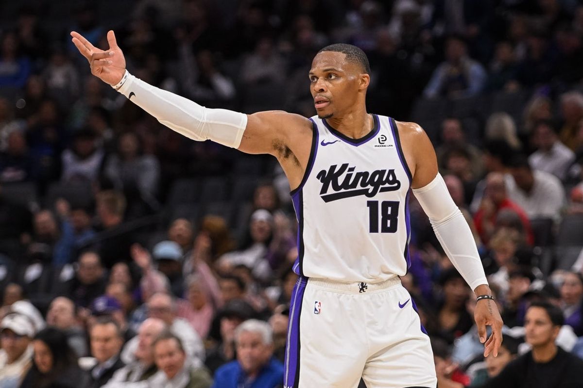 Nov 5, 2025; Sacramento, California, USA; Sacramento Kings guard Russell Westbrook (18) celebrates after scoring against the Golden State Warriors during the second quarter at Golden 1 Center. Mandatory Credit: Ed Szczepanski-Imagn Images