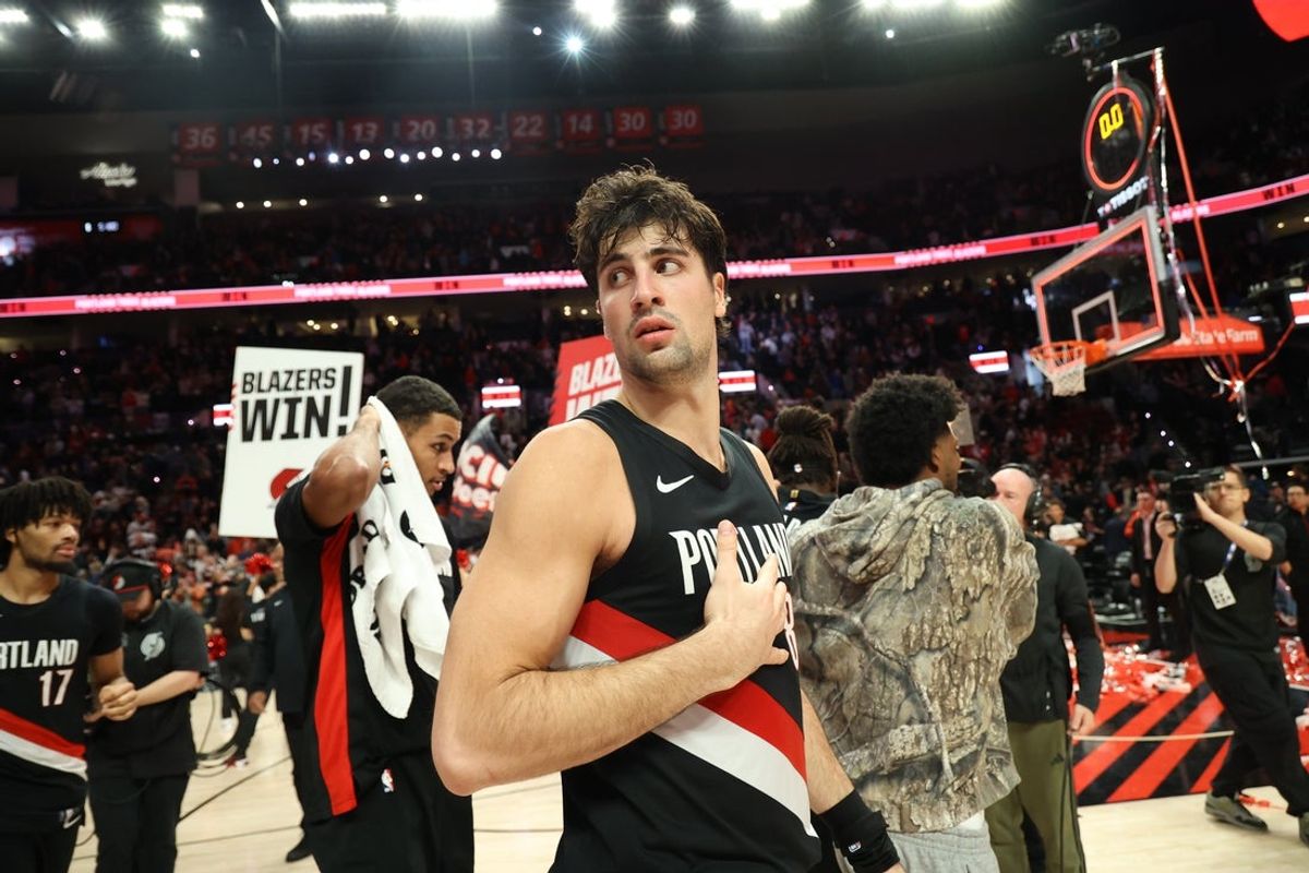 Nov 5, 2025; Portland, Oregon, USA;  Portland Trail Blazers forward Deni Avdija (8) reacts after the game against the Oklahoma City Thunder at the Moda Center. Mandatory Credit: Jaime Valdez-Imagn Images