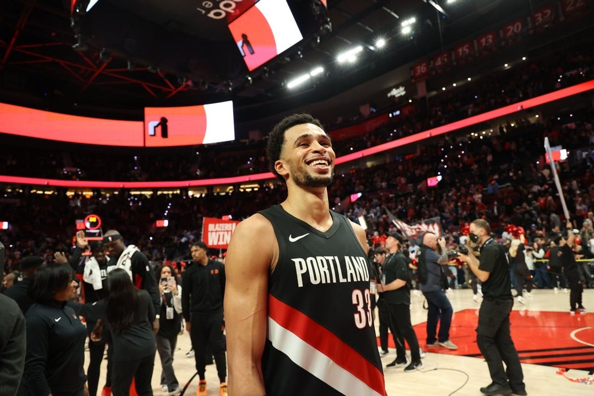 Nov 5, 2025; Portland, Oregon, USA;  Portland Trail Blazers forward Toumani Camara (33) reacts after a 121-119 win over against the Oklahoma City Thunder Moda Center. Mandatory Credit: Jaime Valdez-Imagn Images