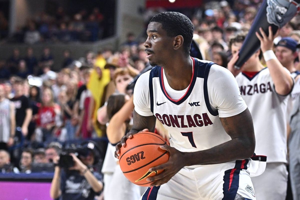 Nov 3, 2025; Spokane, Washington, USA; Gonzaga Bulldogs guard Tyon Grant-Foster (7) controls the ball against the Texas Southern Tigers in the second half at McCarthey Athletic Center. Mandatory Credit: James Snook-Imagn Images