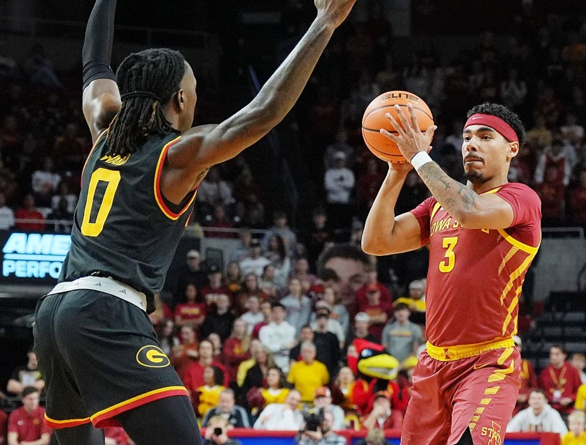 Iowa State Cyclones guard Tamin Lipsey (3) passes the ball over Grambling State Tiger guard Derrius Ward (0) during the first half on Nov. 6, 2025, at Hilton Coliseum in Ames, Iowa.
