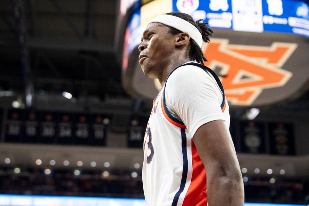 Auburn Tigers forward Sebastian Williams-Adams (33) reacts to his and-one play as Auburn Tigers take on Merrimack Warriors at Neville Arena in Auburn, Ala. on Thursday, Nov. 6, 2025. Auburn Tigers lead Merrimack Warriors 39-22 at halftime.
